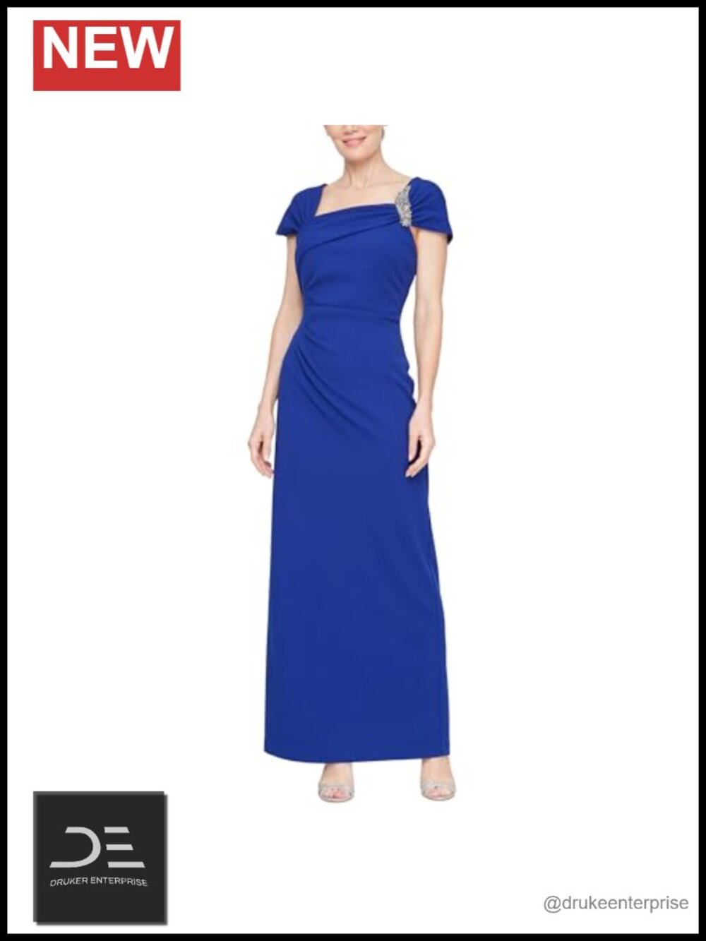 Long Crepe Mother of the Bride Dress Ruched Asymmetric Neckline Embellishment